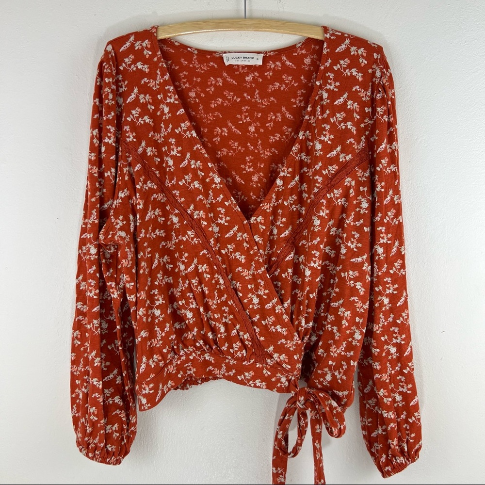 Lucky Brand XL Floral Burnt Orange Faux Wrap Tie Blouse
